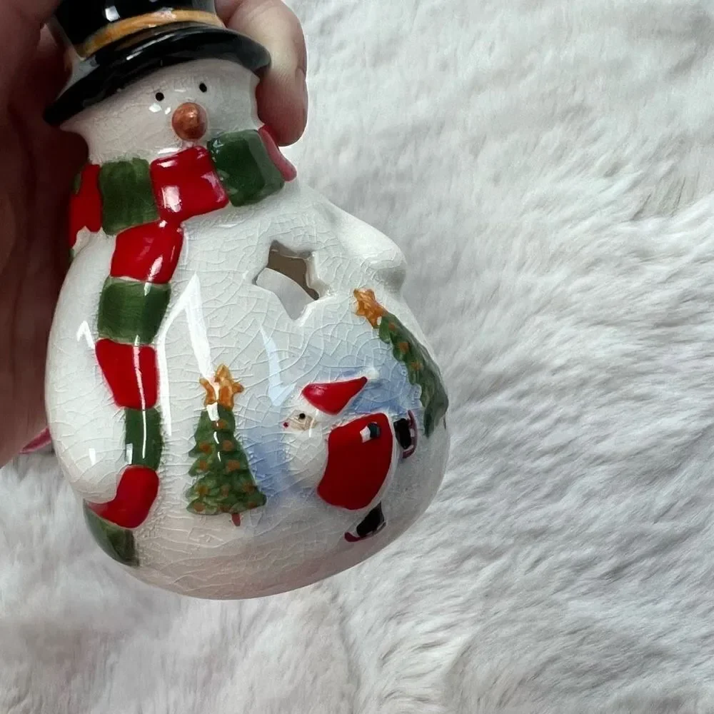 NIB Russ Christmas Holiday Tea Light Holder Snowman Votive Candle Ceramic NEW